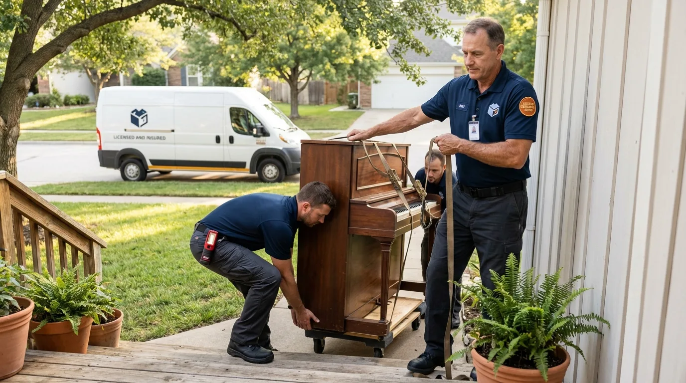 Licensed piano movers securing grand piano in Bluffton, OH